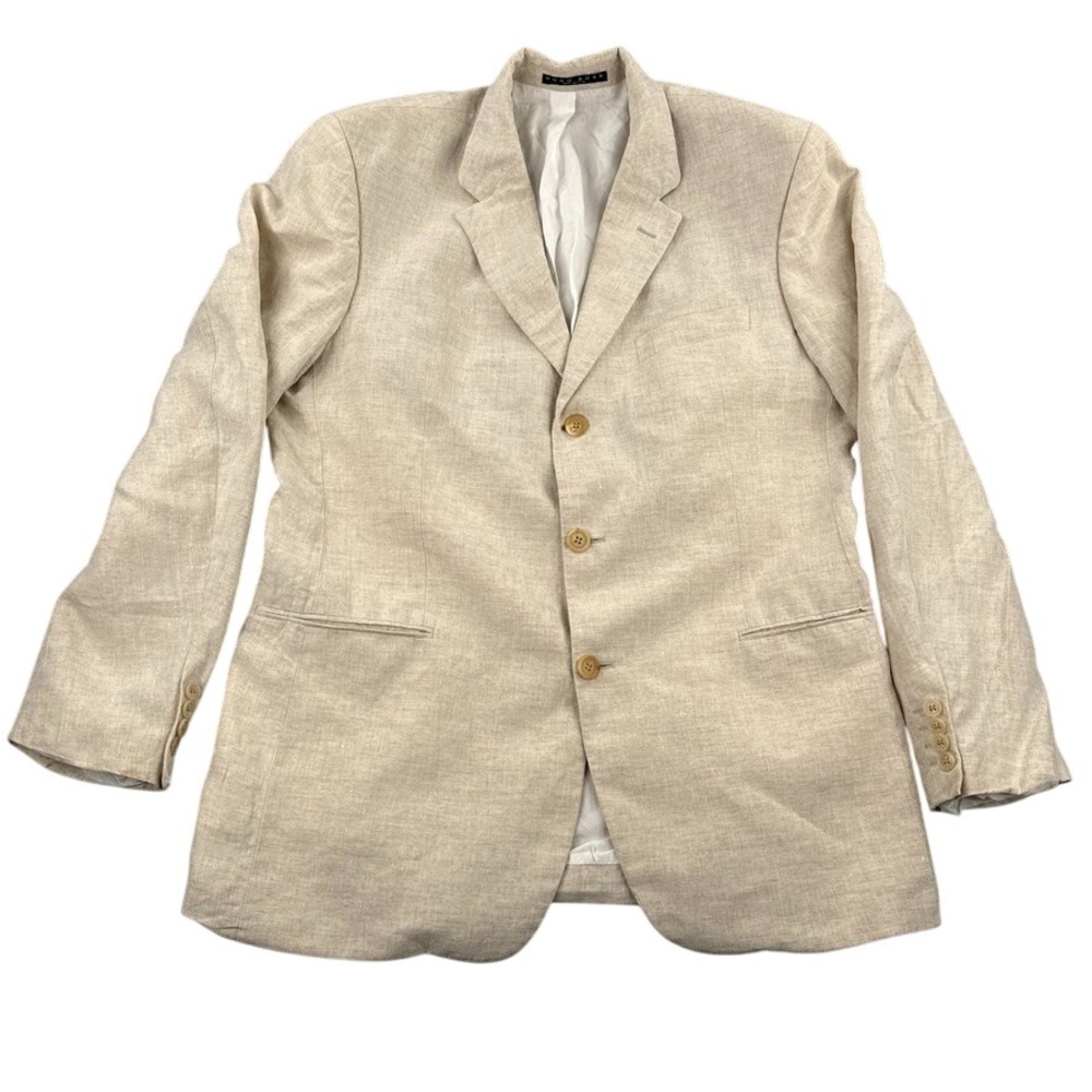 VTG Hugo Boss Blazer 42R Beige Cream Pure Linen Shoulder Pads Made in USA - Picture 4 of 15